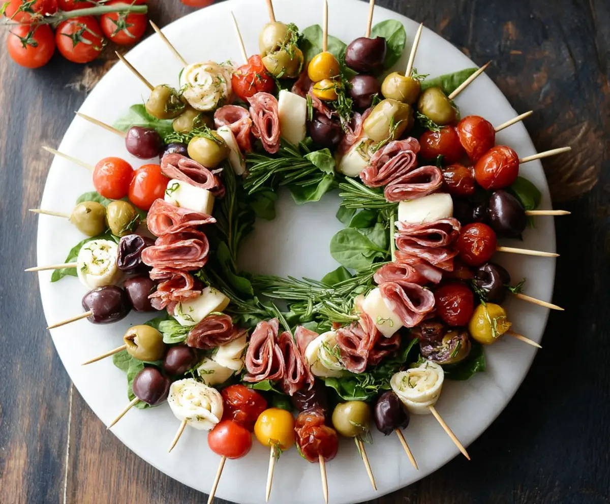 Colorful antipasto wreath skewers with assorted cured meats, cheeses, and vegetables for a festive appetizer.