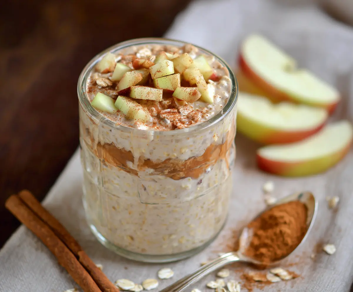 A delicious jar of Apple Cinnamon Protein Overnight Oats topped with fresh apple slices and cinnamon, ready for a healthy breakfast.