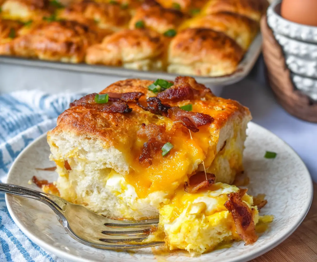 Delicious Bacon Egg and Cheese Biscuit Bake served on a plate, perfect for breakfast or brunch.
