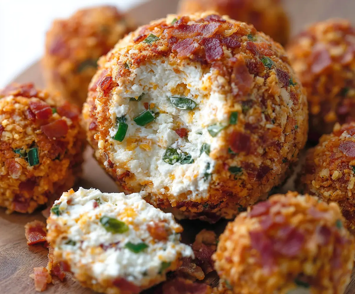 Creamy cheese ball with crispy bacon and spicy jalapeños, perfect appetizer for parties.