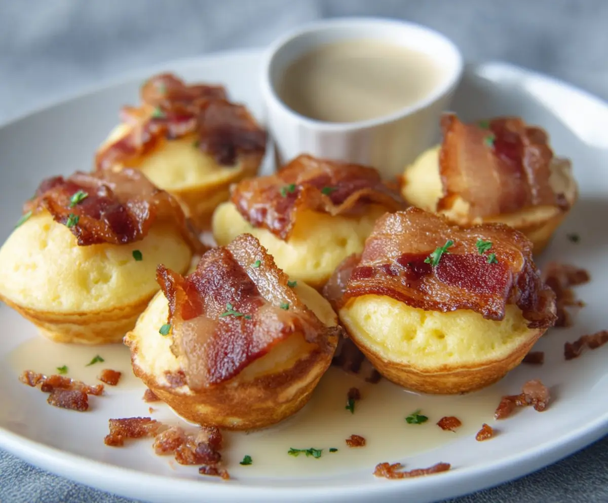 Home-cooked bacon pancake bites served on a plate, golden and crispy with crispy bacon bits.