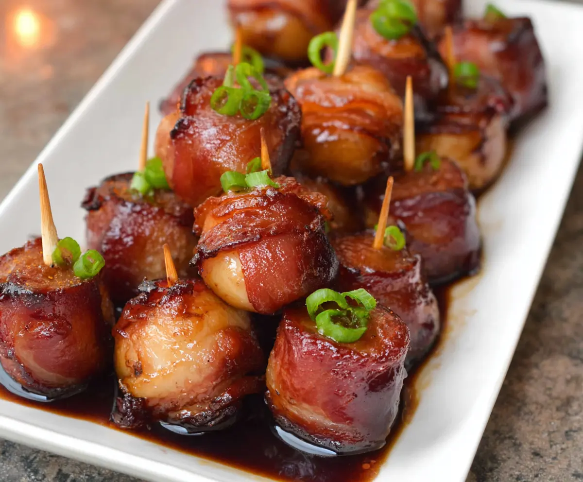 Delicious bacon-wrapped water chestnuts, a savory appetizer perfect for parties and gatherings.