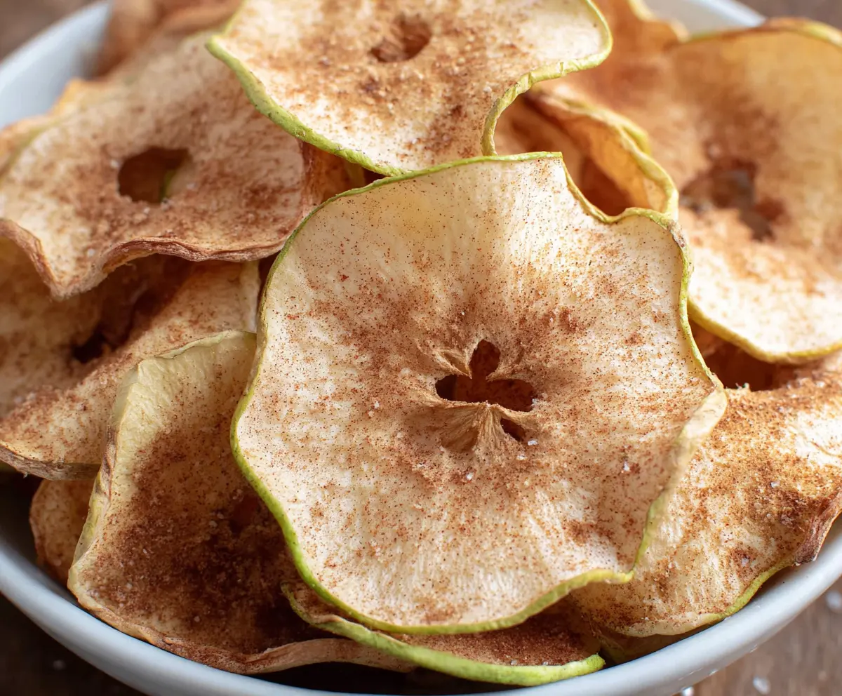 Crispy baked apple chips on a white plate, perfect for healthy snacks