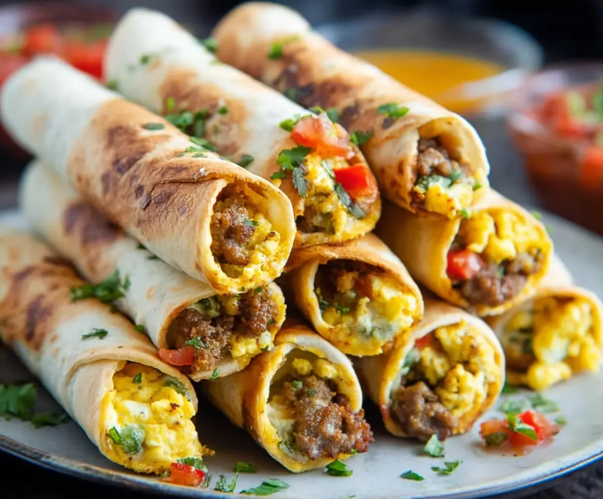Delicious baked breakfast burrito taquitos filled with eggs, cheese, and bacon on a plate.