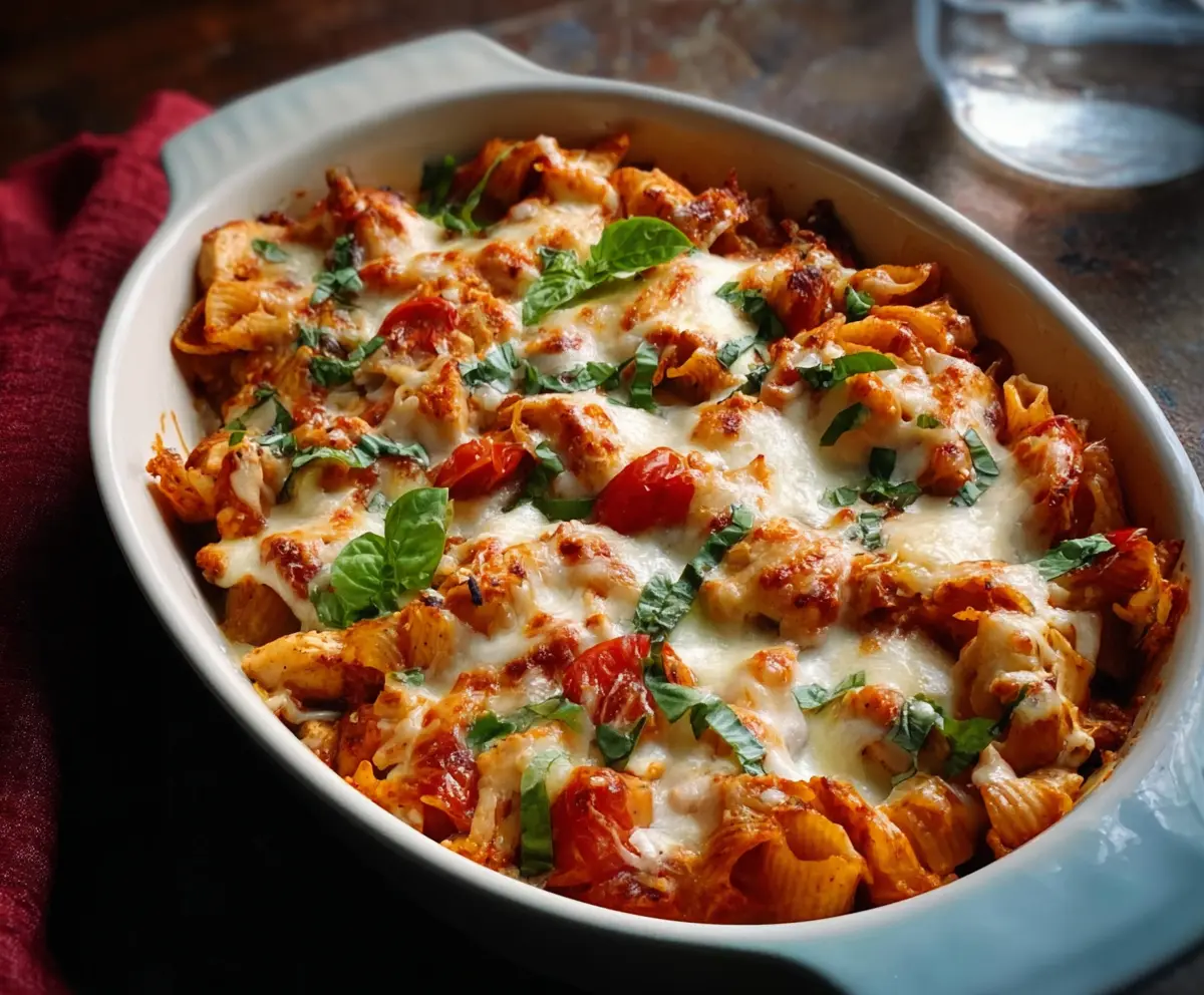 Delicious baked chicken mozzarella pasta in a baking dish, topped with melted cheese and fresh herbs.