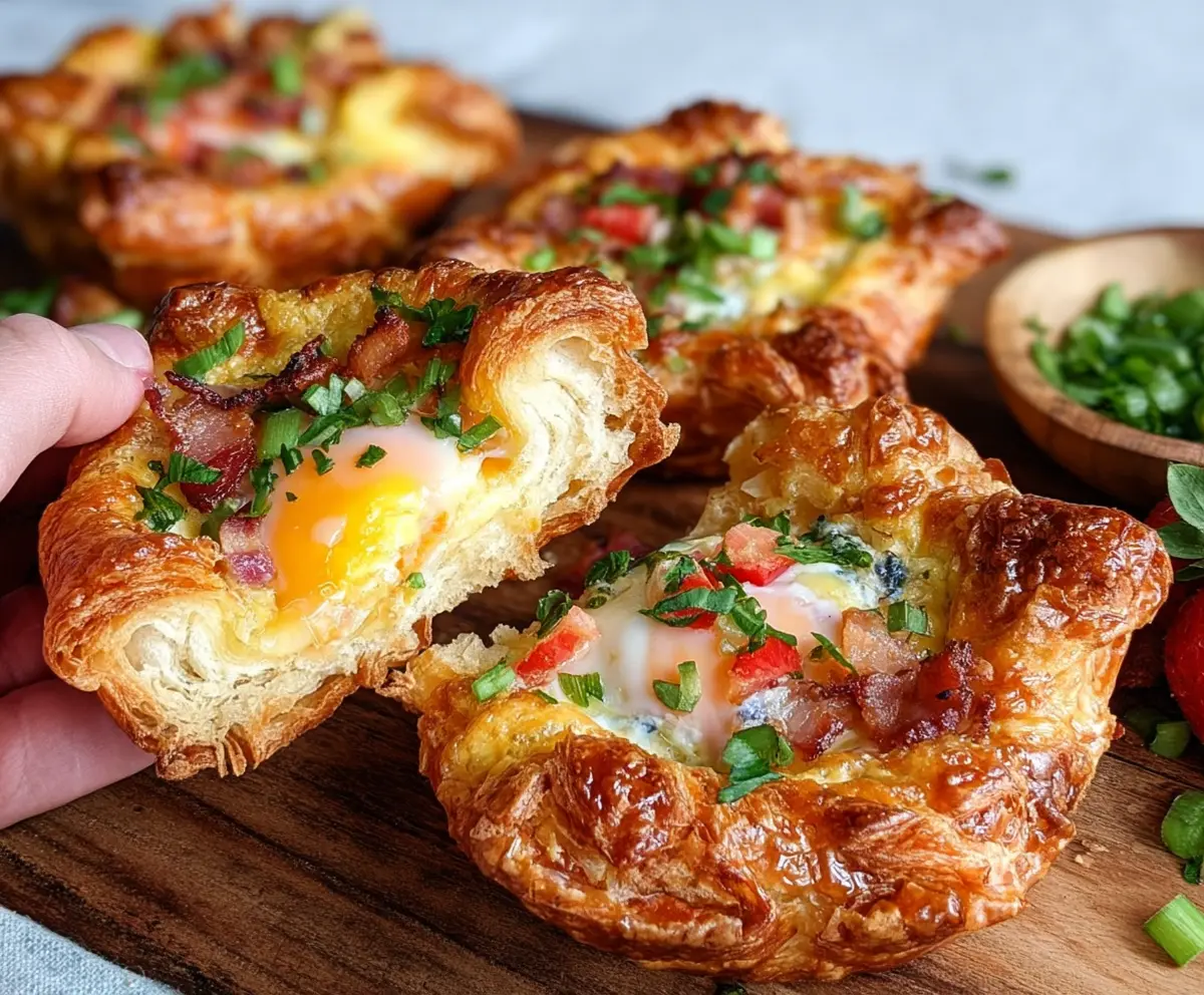Delicious baked croissant breakfast boats filled with eggs, cheese, and vegetables, ready to serve.