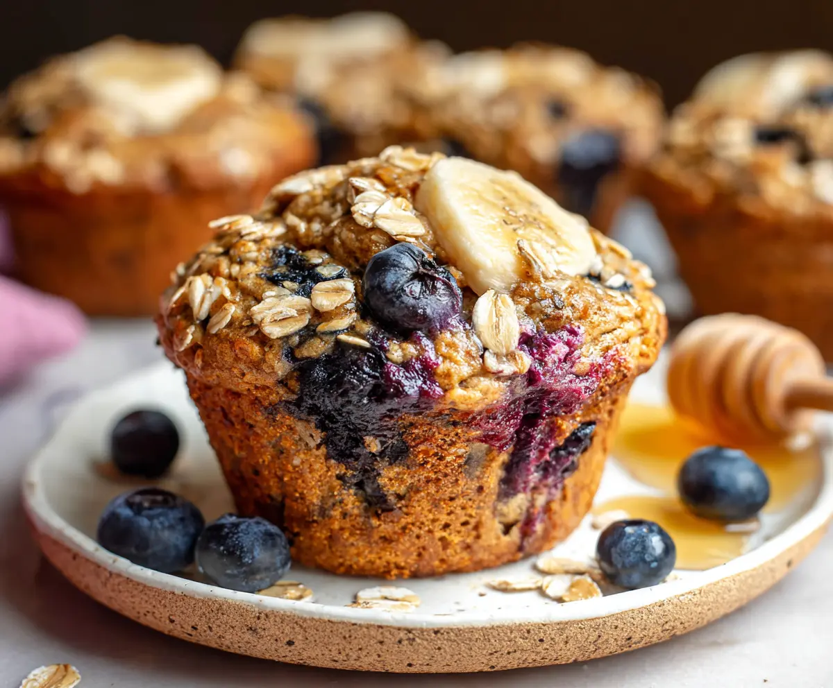 Fresh Banana Blueberry Oatmeal Muffins on a baking tray, healthy breakfast option