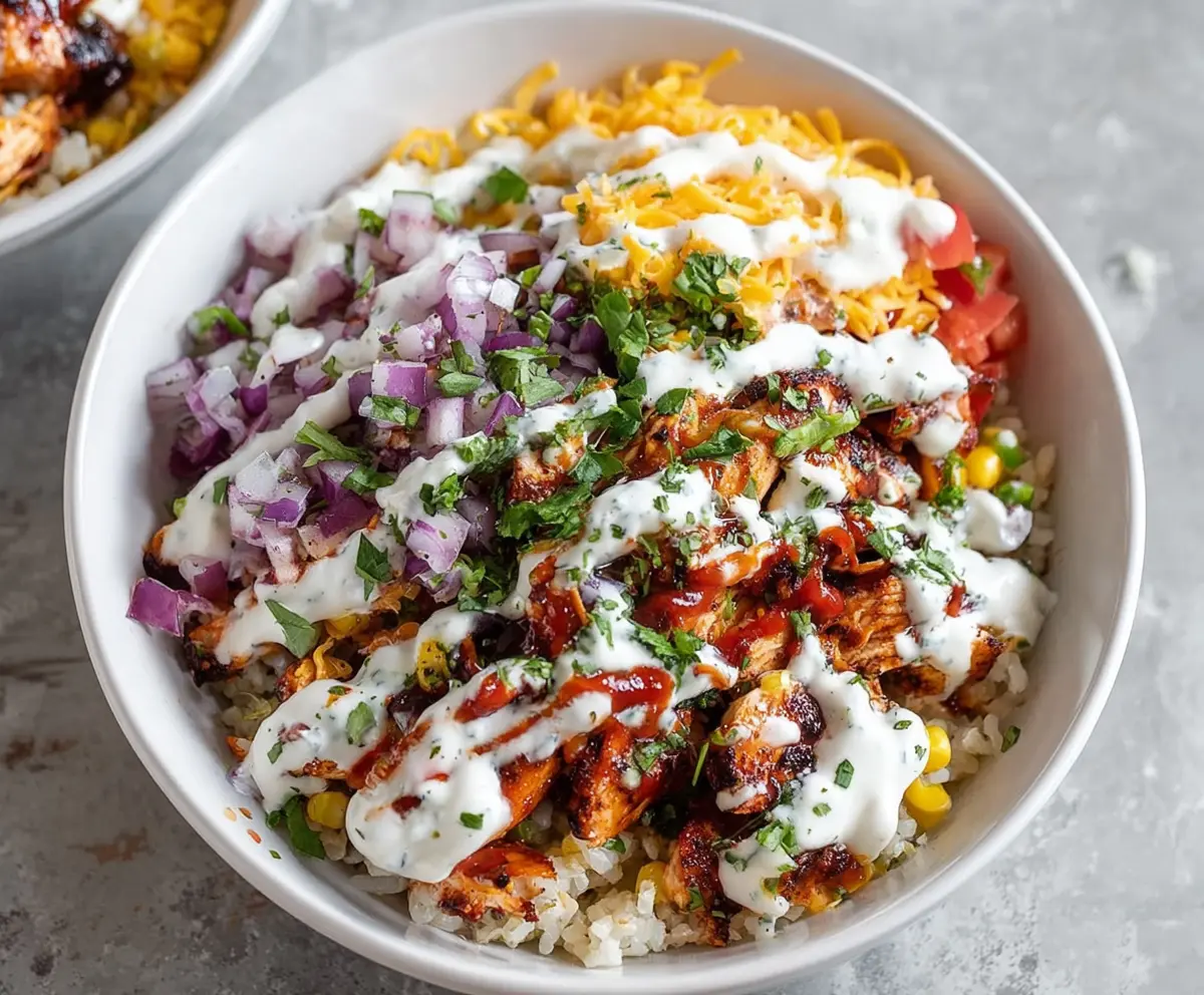 Delicious BBQ Chicken Ranch Bowl with grilled chicken, fresh vegetables, and creamy ranch sauce