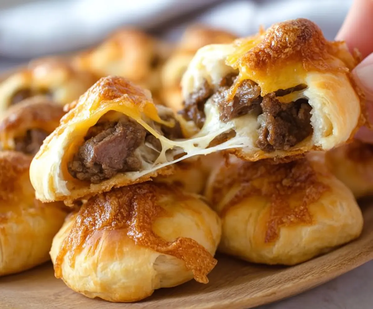Delicious beef and cheese crescent ring bites served on a plate, perfect for appetizer or snack.