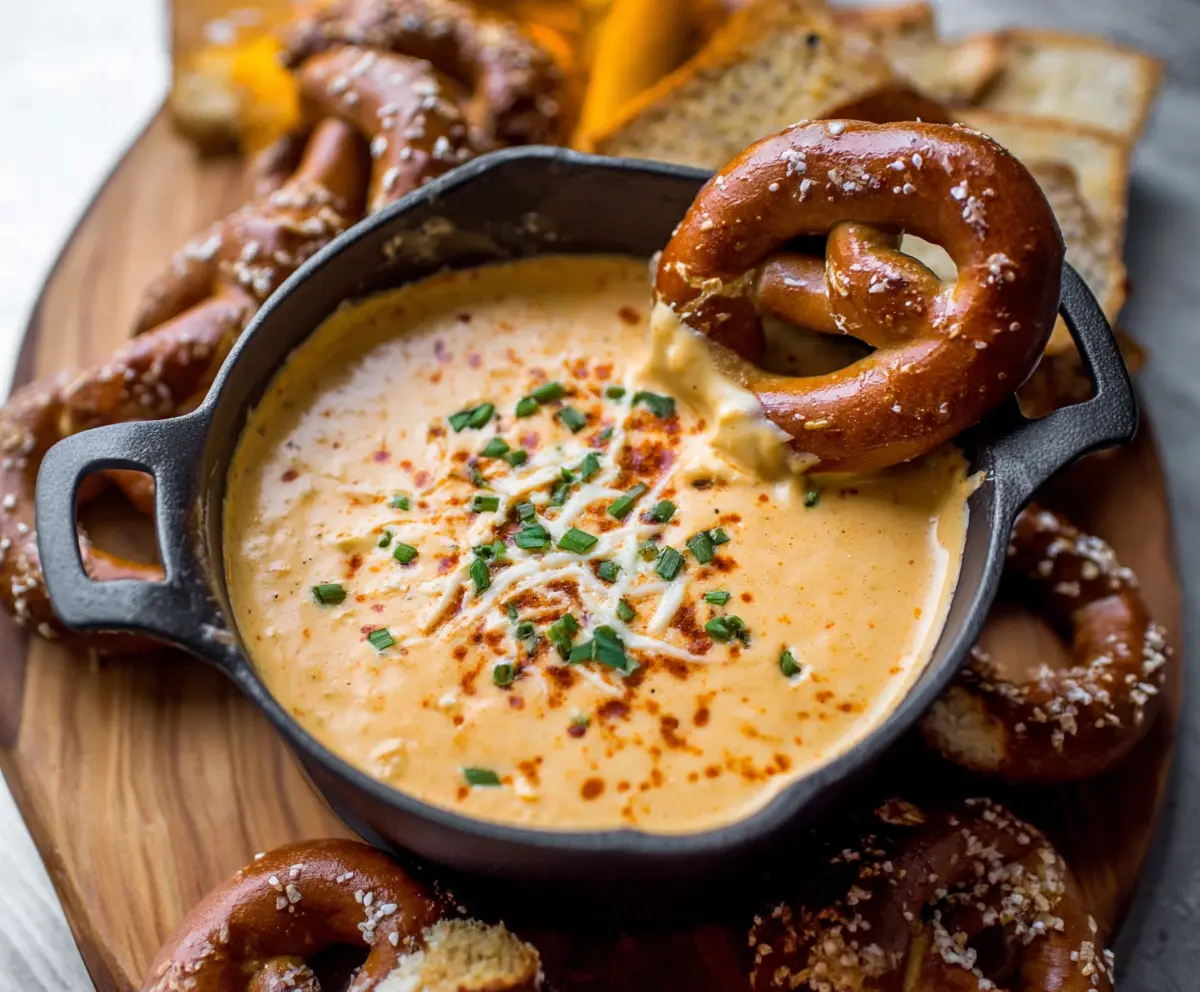 Creamy beer cheese dip served with pretzels and snacks, perfect for parties.