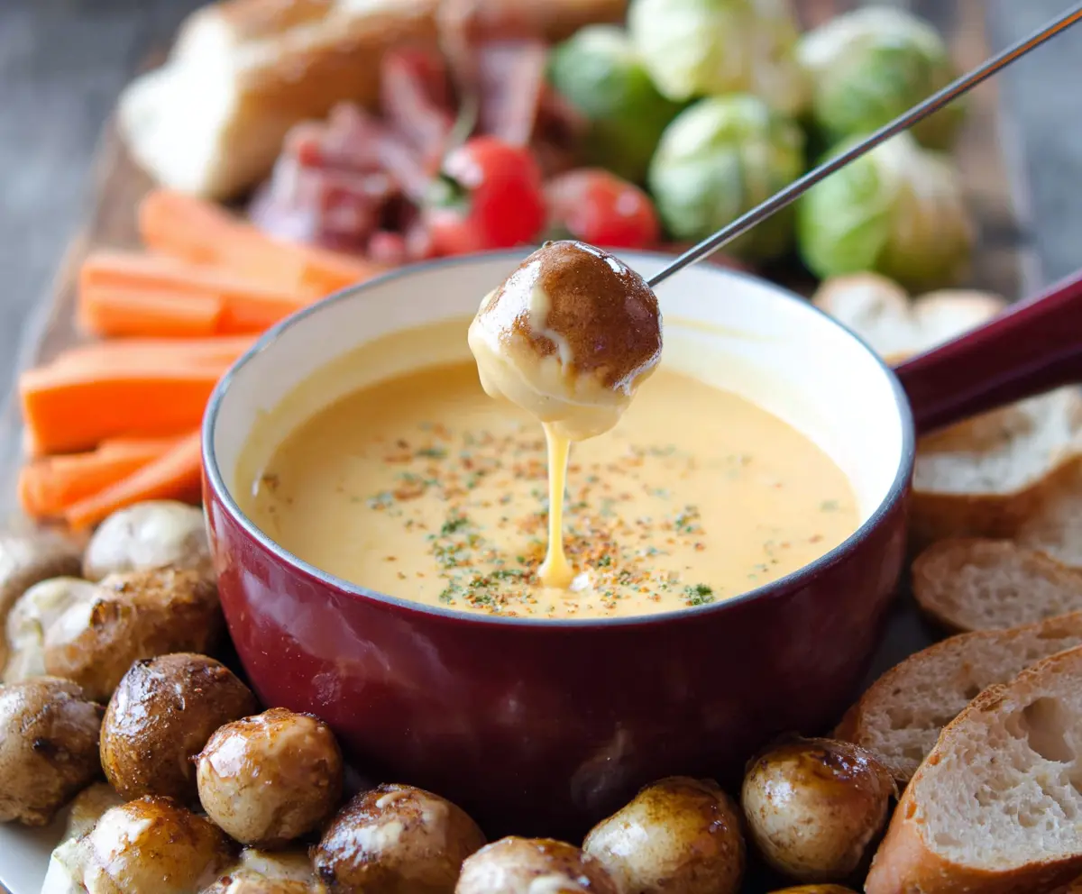 Creamy Beer Cheese Fondue served with fresh bread and pretzels for a delicious appetizer.