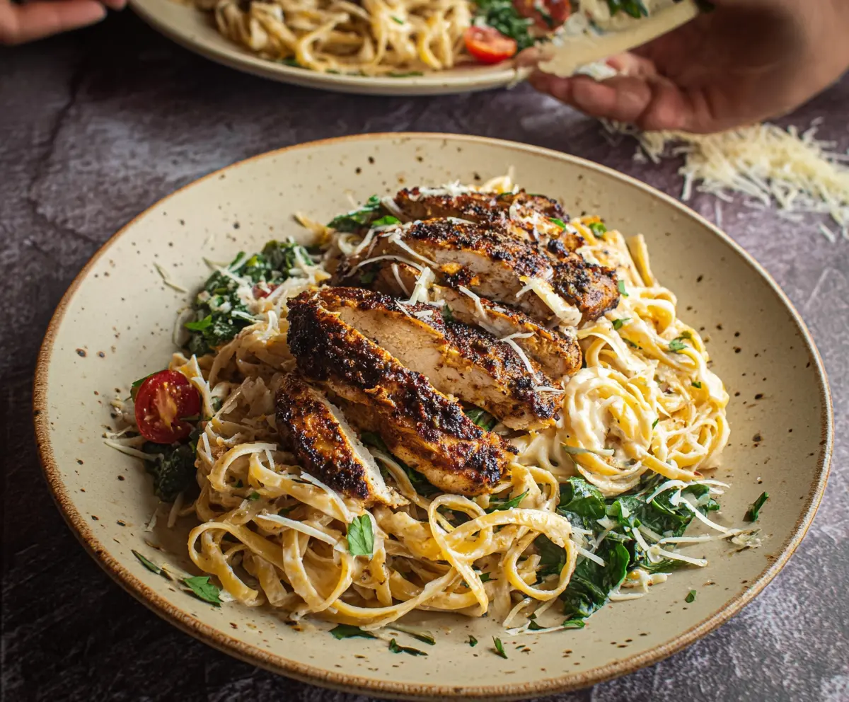Creamy blackened chicken pasta dish with seasoned grilled chicken and al dente pasta