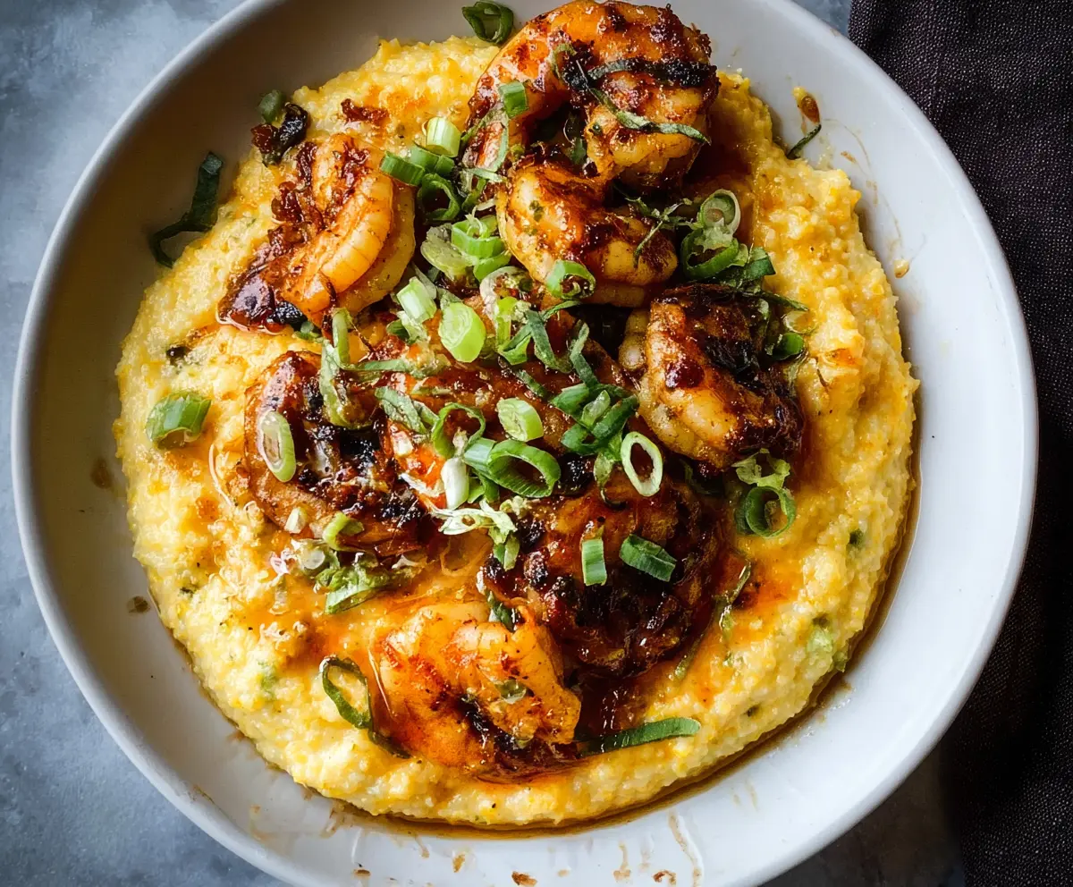 Delicious blackened shrimp served over creamy cheesy grits, perfect for a savory seafood dish.