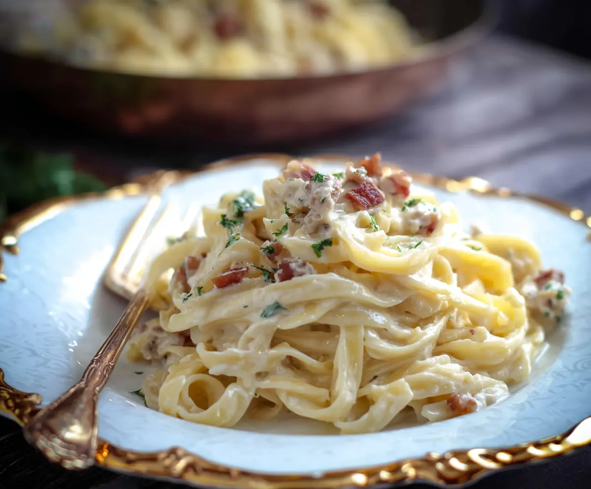 Creamy blue cheese pasta garnished with fresh herbs, on a white plate for a delicious meal.