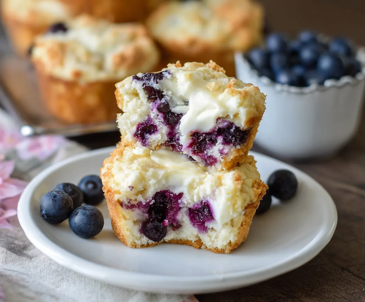 Delicious Blueberry Cream Cheese Protein Muffins fresh out of the oven, showing a golden brown top with blueberries and cream cheese filling.