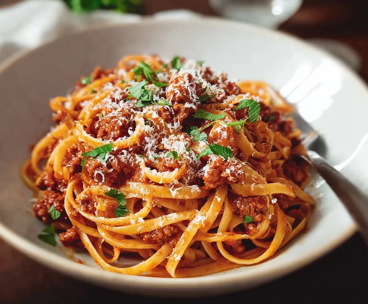 Savory Bolognese pasta served in a bowl with fresh herbs and grated cheese.