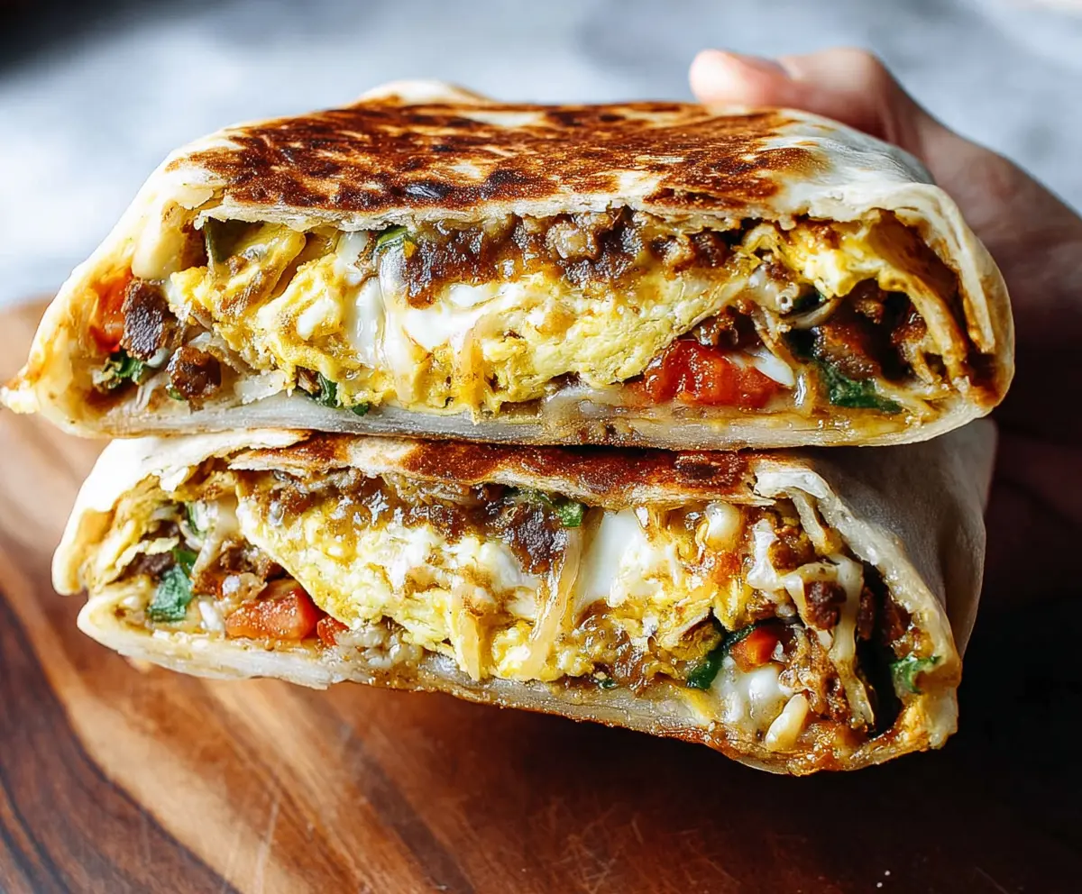 Delicious Breakfast Crunchwrap filled with eggs, cheese, and breakfast meats on a plate