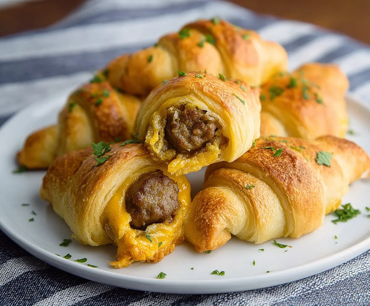 Delicious breakfast sausage crescent rolls served on a white plate, perfect for a morning meal.