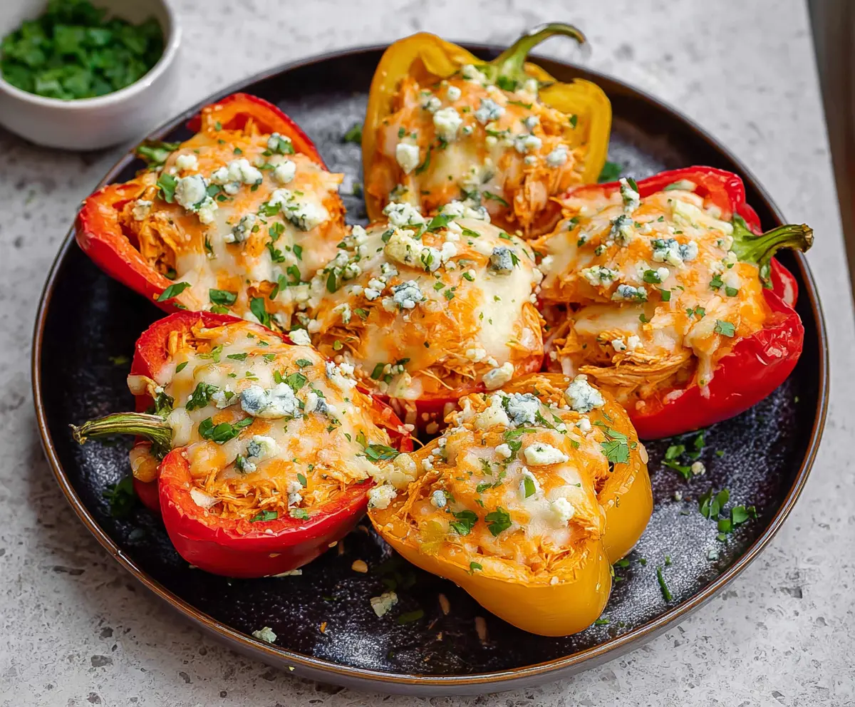 Delicious Buffalo Chicken Stuffed Peppers garnished with fresh herbs on a plate.
