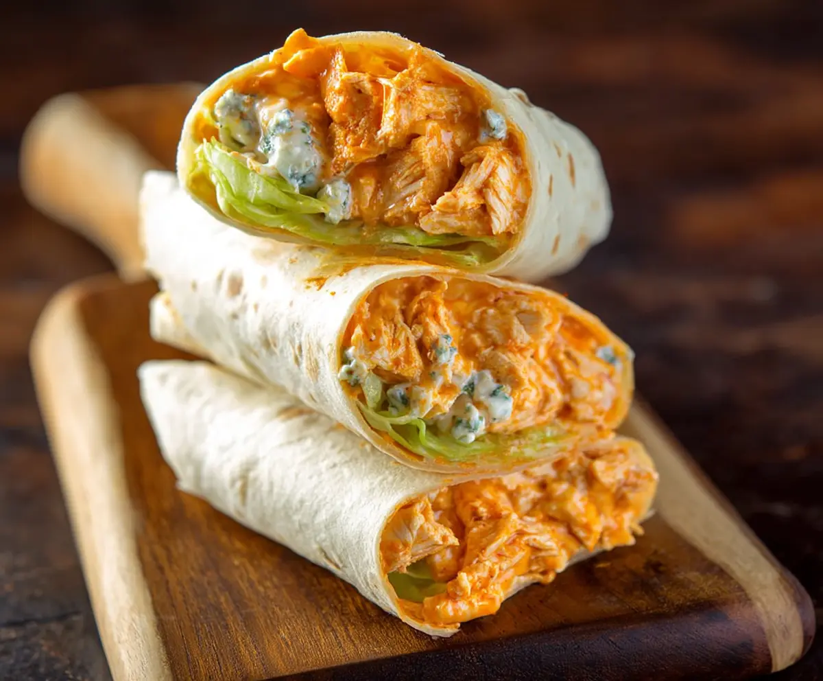 Spicy buffalo chicken wrap with fresh vegetables and creamy dressing ready to serve.