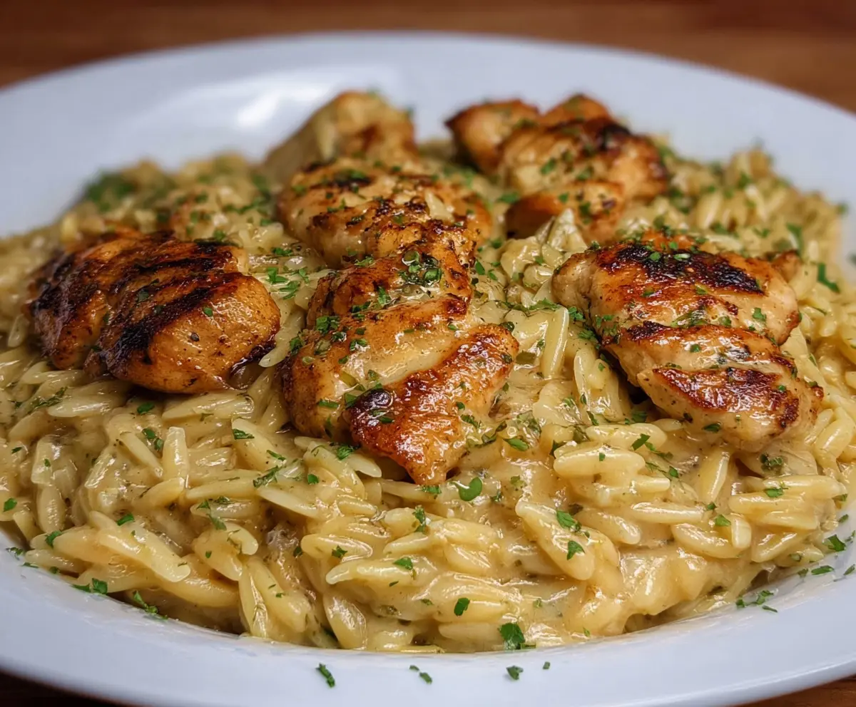 Delicious Cajun Chicken Alfredo Orzo served on a plate, topped with fresh herbs and grated cheese.