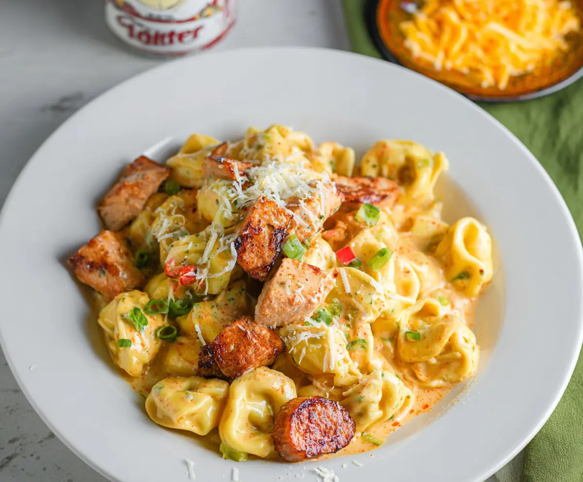 Delicious Cajun Chicken Tortellini served with creamy sauce and fresh herbs