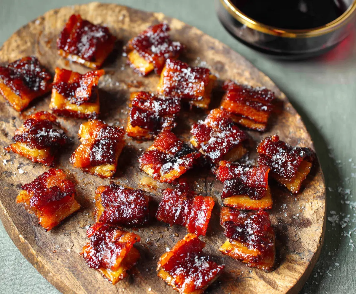 Delicious candied bacon bites garnished with sugar and spices, perfect for a sweet and savory snack.