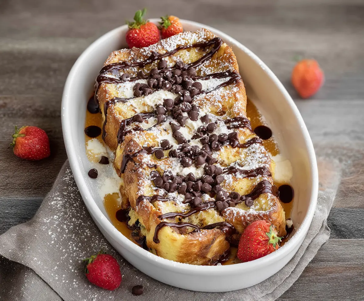 Delicious Cannoli French Toast topped with powdered sugar and chocolate chips on a plate.