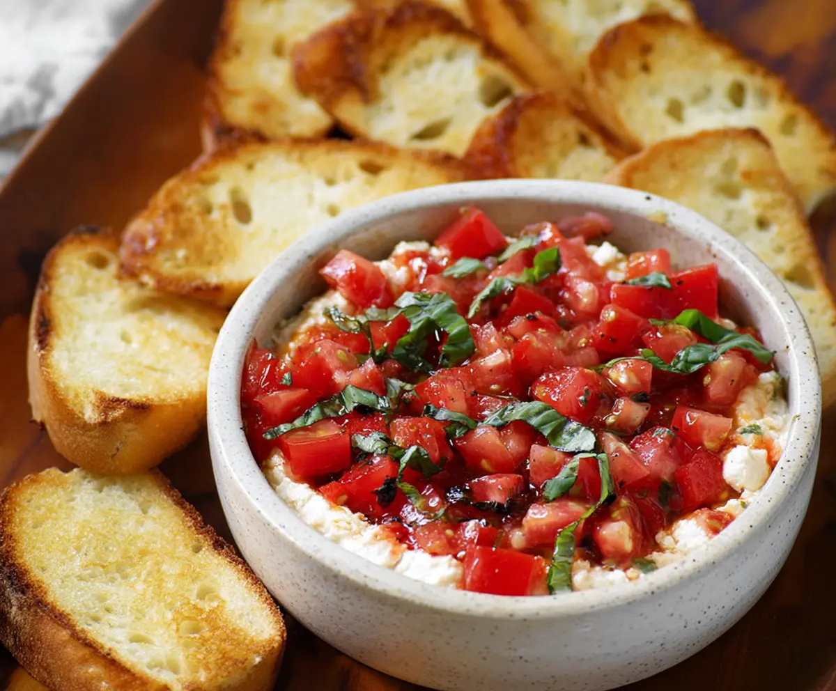 Delicious Caprese Dip with fresh cherry tomatoes, basil, and mozzarella cheese served in a white bowl.