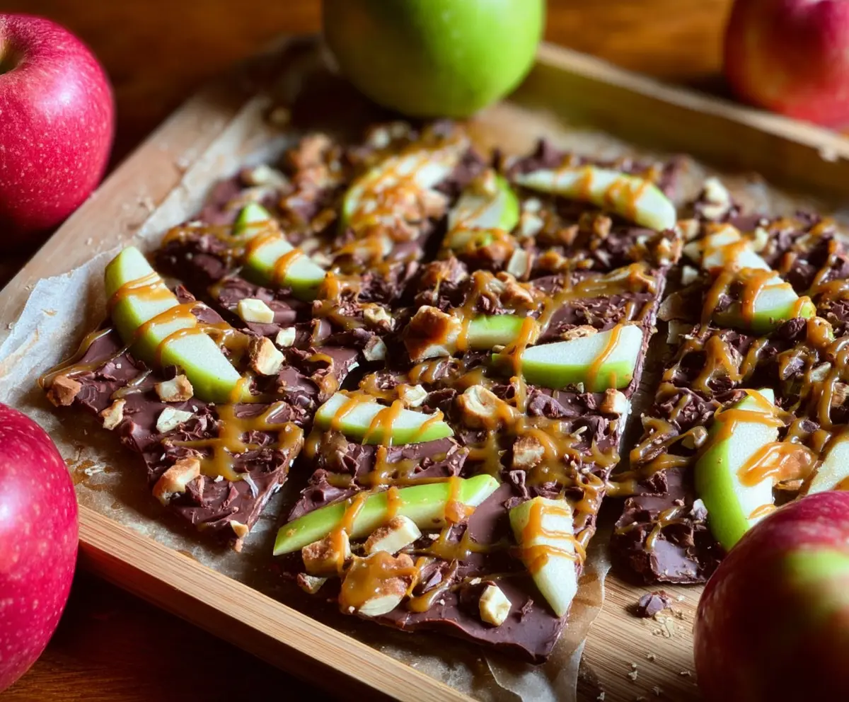 Delicious caramel apple bark with a crunchy chocolate base topped with caramel and apple slices.