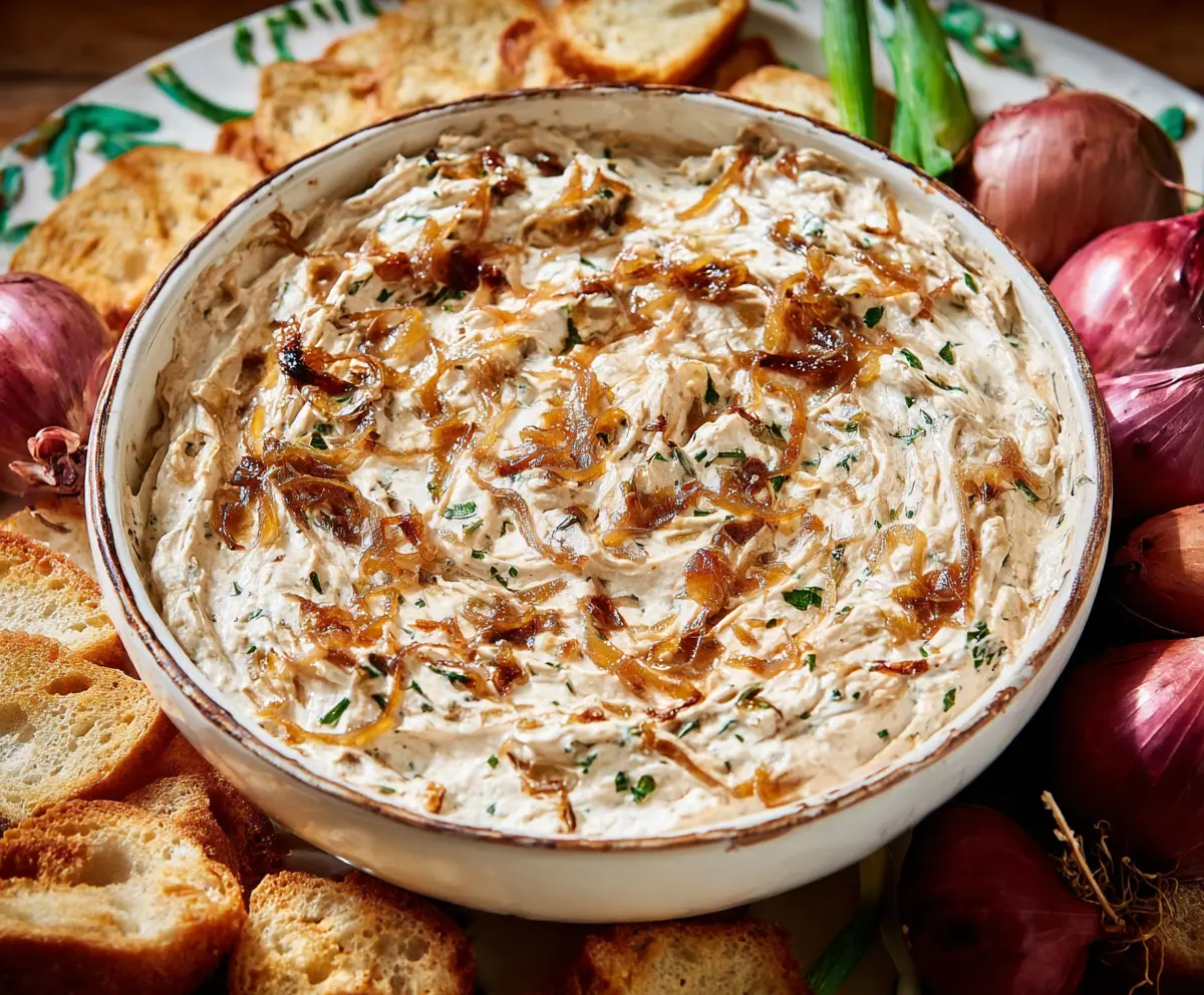 Delicious caramelized onion dip served with ingredients visible in the background.
