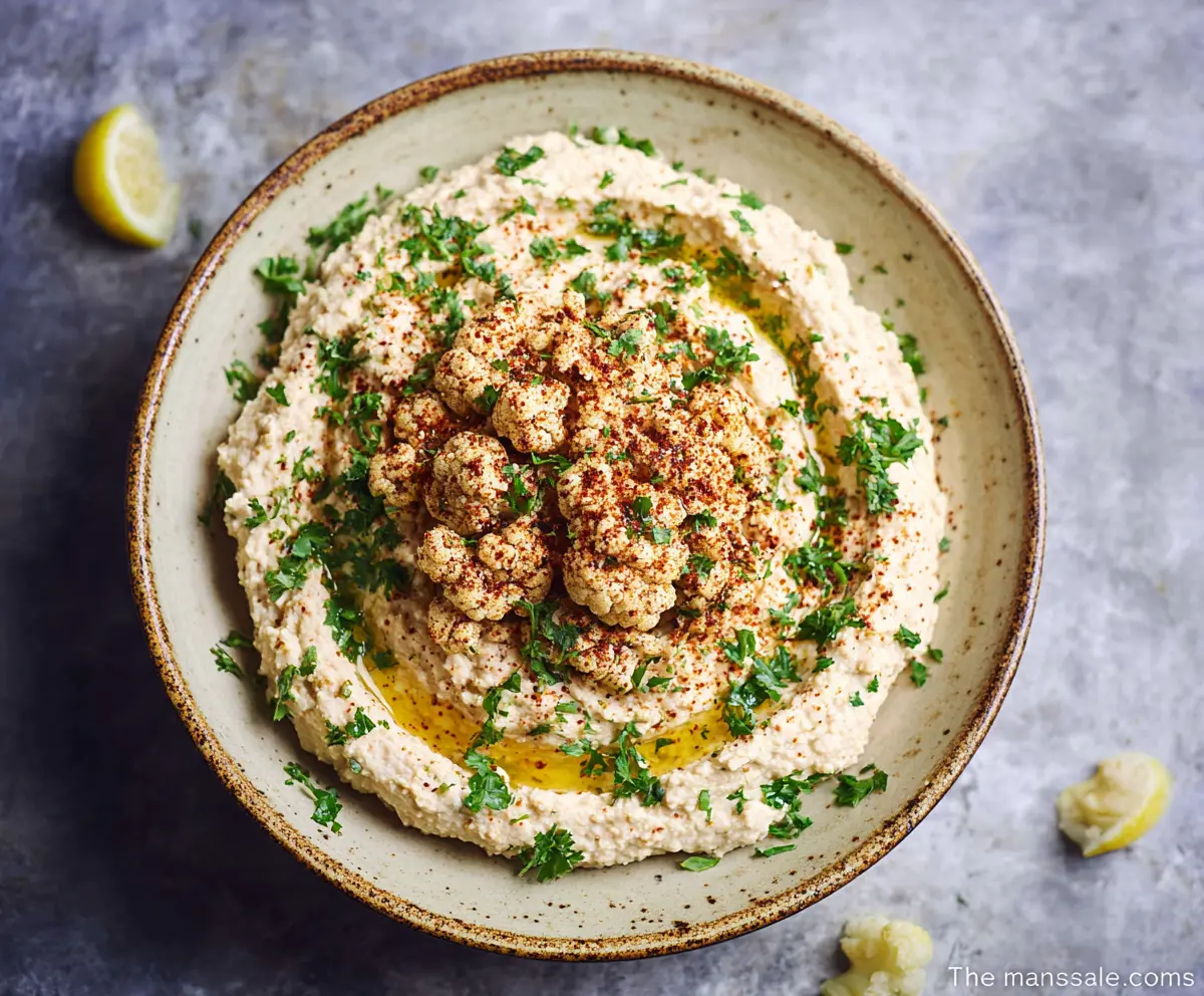 Creamy cauliflower hummus served with fresh vegetables on a white plate.