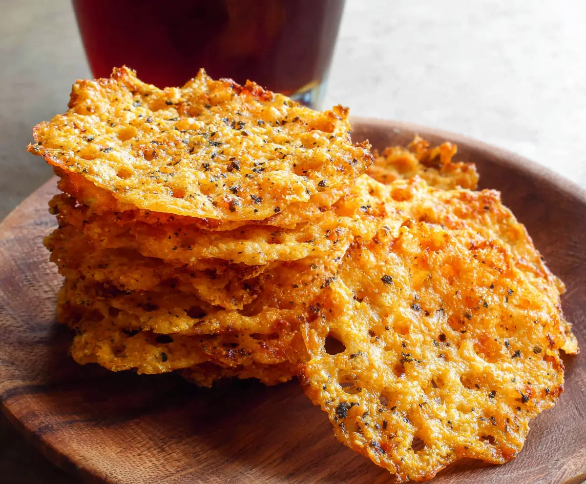 Crunchy cheddar cheese crisps on a white plate, perfect for snacking or party appetizers.