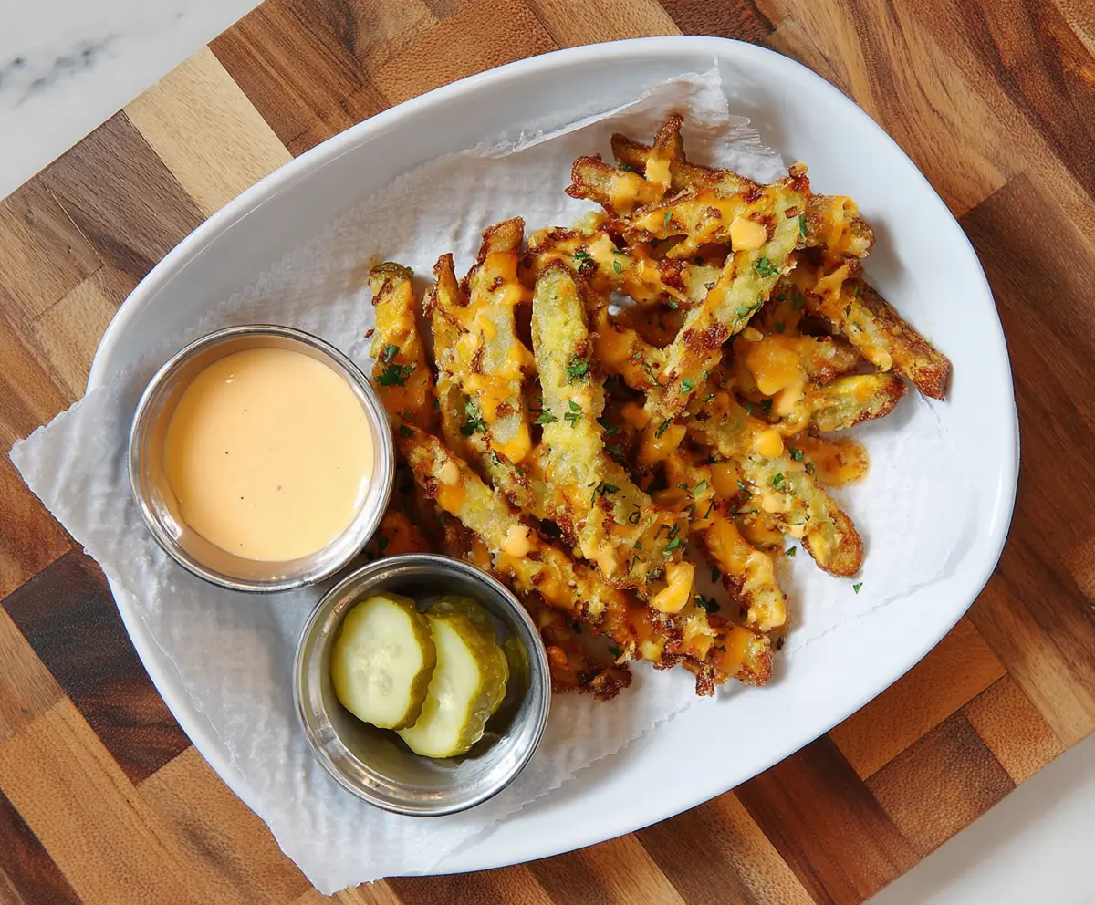 Crispy cheddar pickle fries served with dipping sauce on a plate