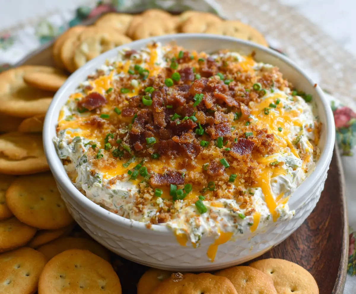 Delicious Cheddar Ranch Crack Dip served in a bowl with fresh vegetables for dipping