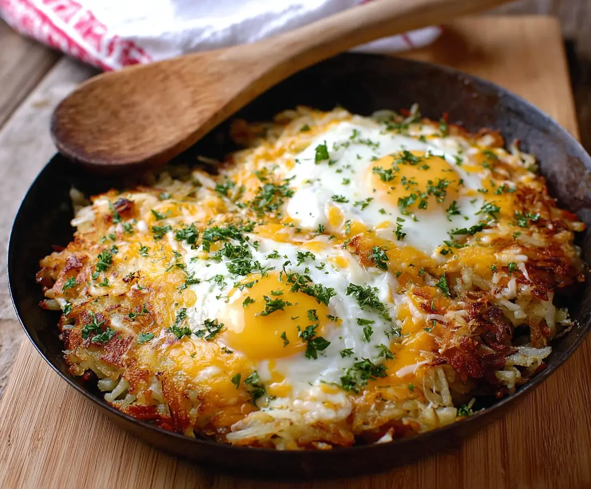 Delicious cheesy egg hash browns served hot with melted cheese and crispy hash brown potatoes.