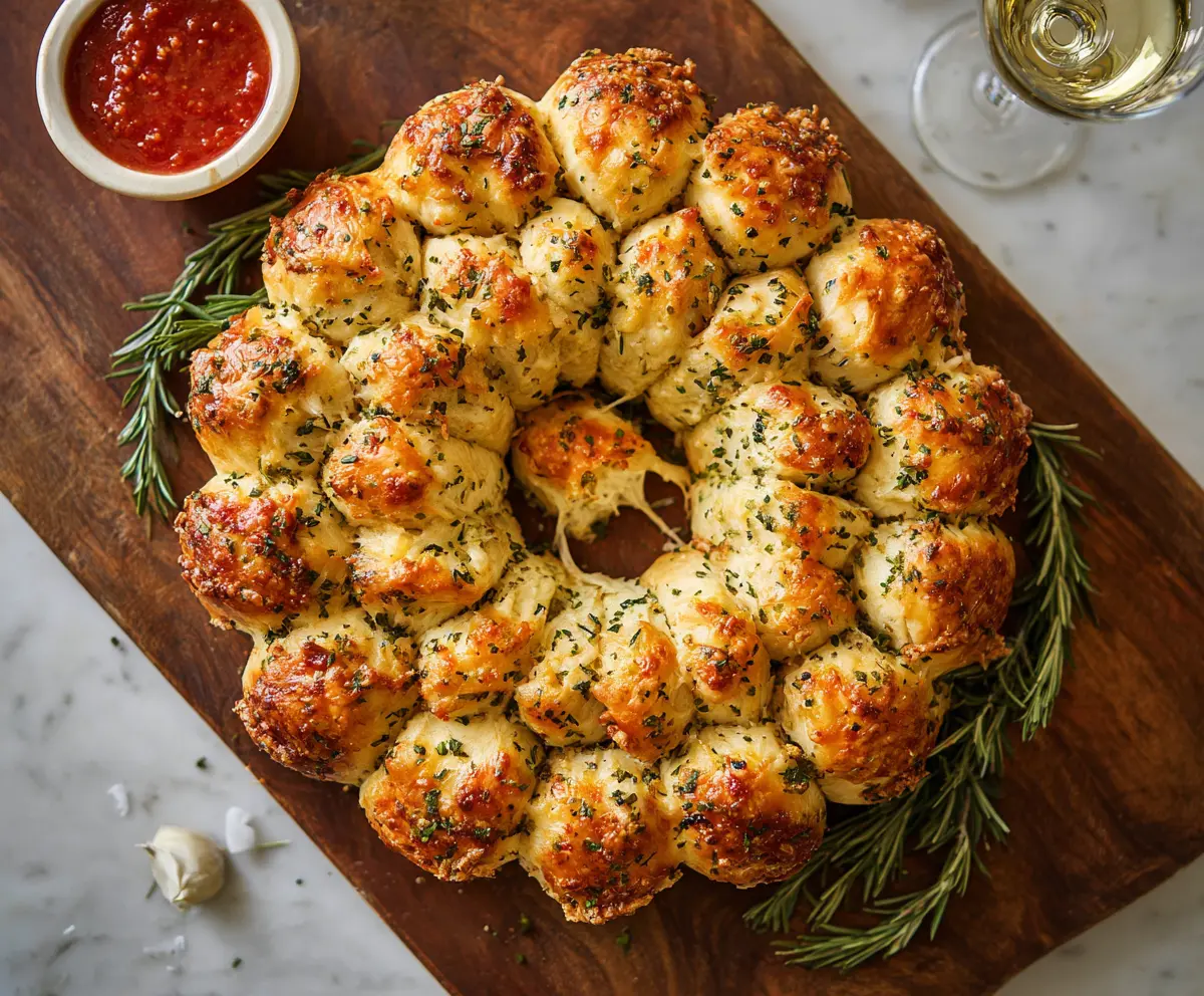 Delicious cheesy garlic pull-apart wreath fresh out of the oven, showcasing gooey cheese and golden crust.