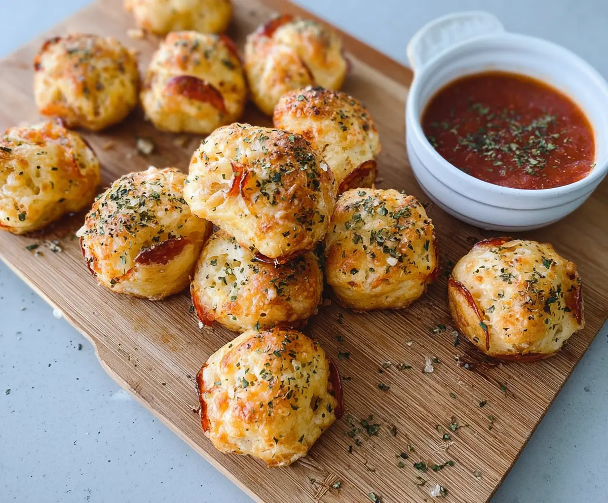Delicious cheesy pepperoni bites fresh out of the oven, perfect for snack time or party appetizers.