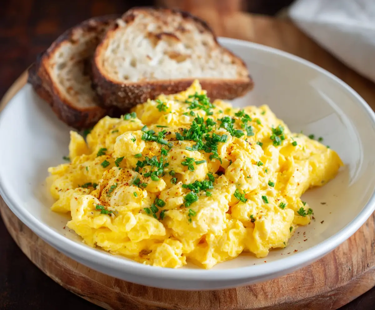 Delicious cheesy scrambled eggs served on a plate, perfect for breakfast or brunch.