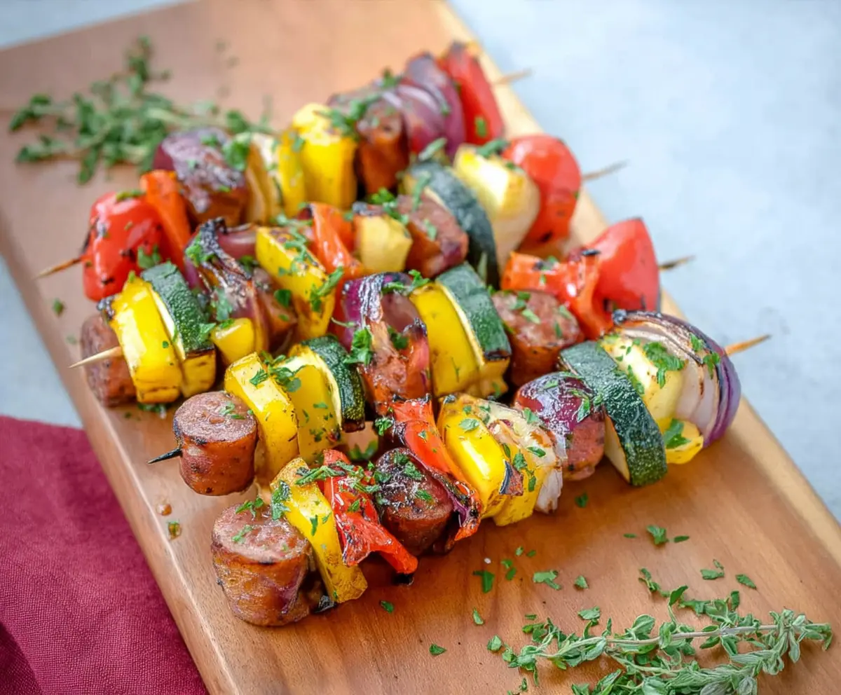 Grilled chicken apple sausage skewers with fresh vegetables on a serving platter.