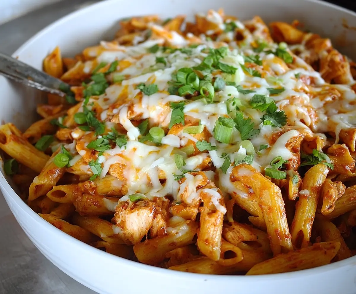 Delicious Chicken Enchilada Pasta with melted cheese and spicy enchilada sauce.