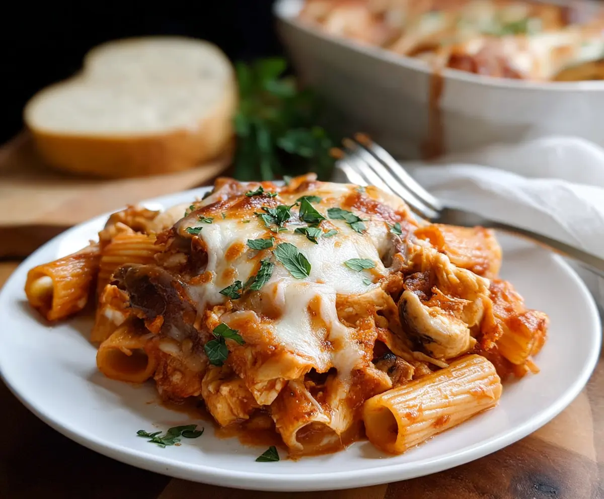 Creamy chicken rigatoni pasta bake topped with melted cheese and fresh herbs.