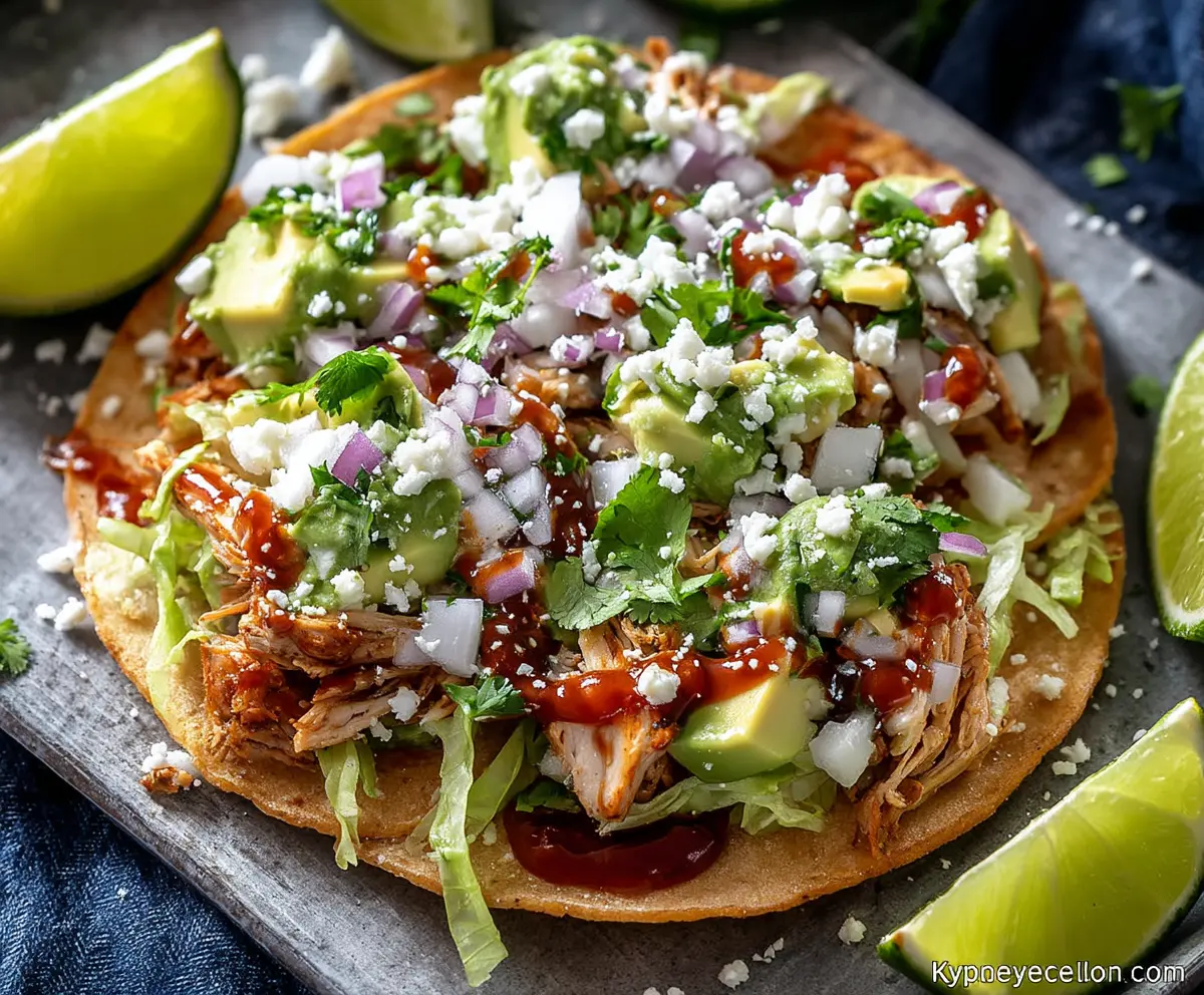 Delicious chicken tostadas topped with fresh vegetables and cheese on a rustic plate.