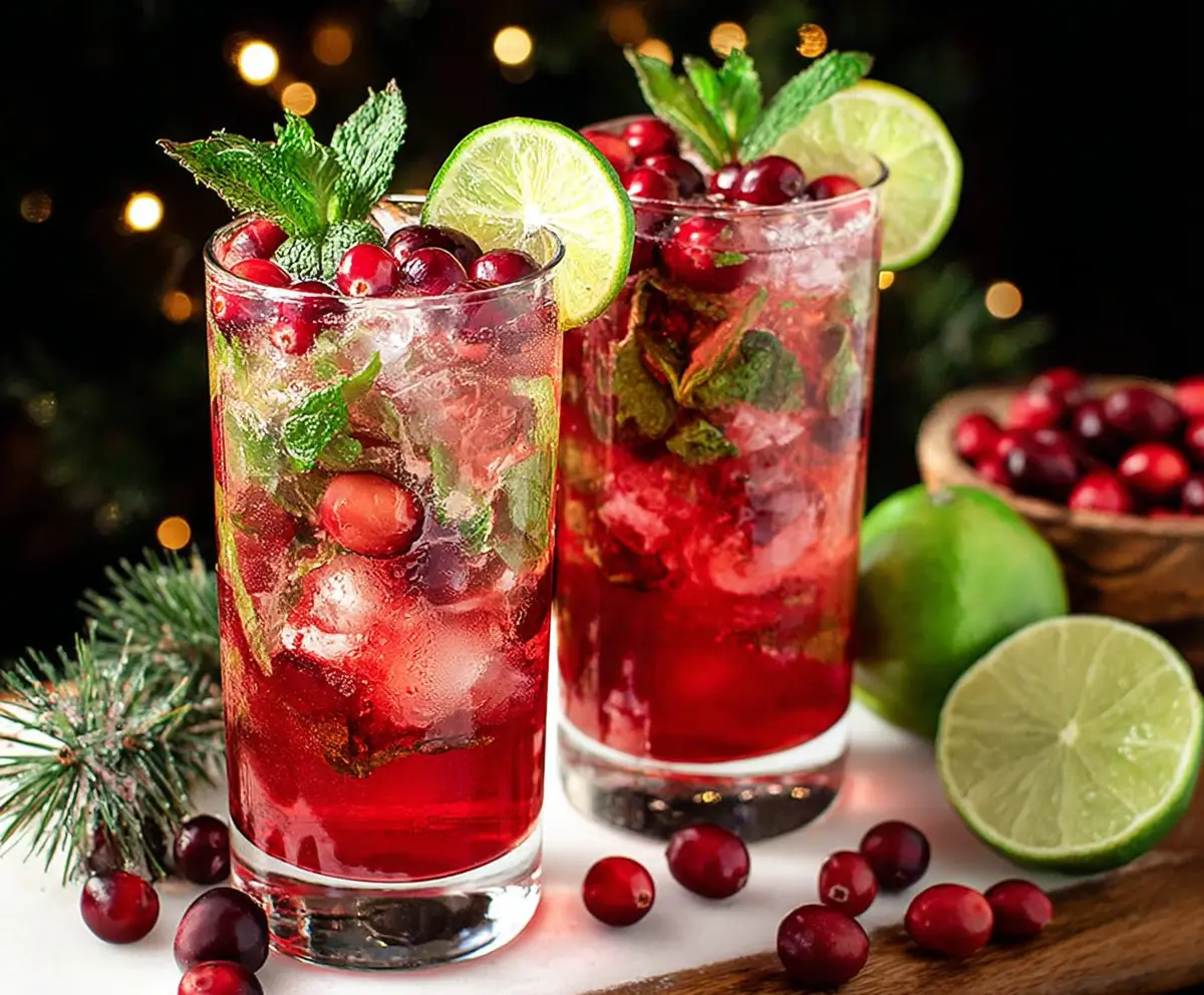 Festive Christmas Cranberry Mojito in a glass garnished with fresh cranberries and mint leaves.