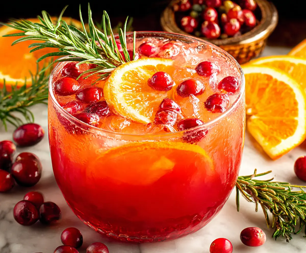 Festive Christmas punch in a glass surrounded by holiday decorations and seasonal fruits.