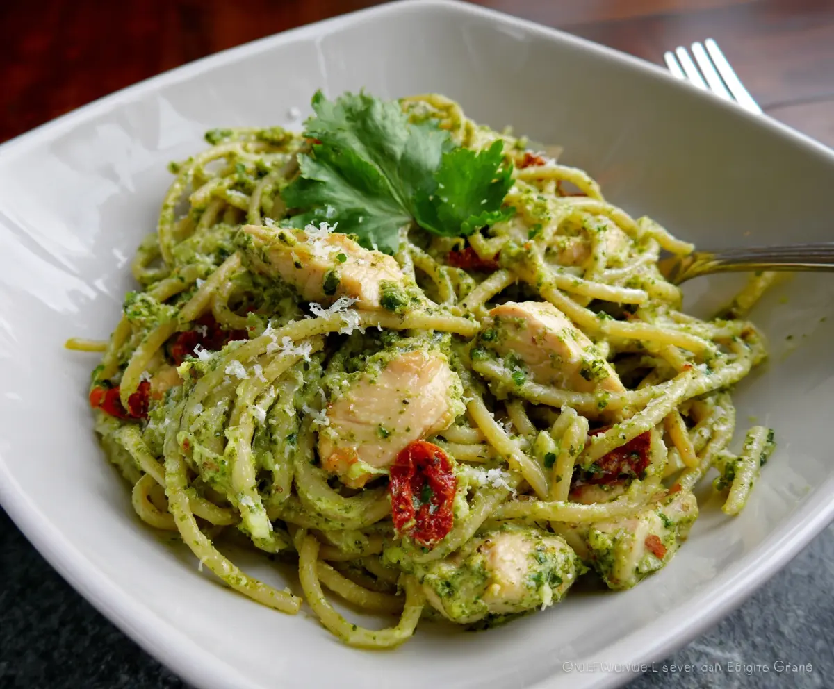 Delicious cilantro chicken and pesto pasta served on a plate with fresh herbs.