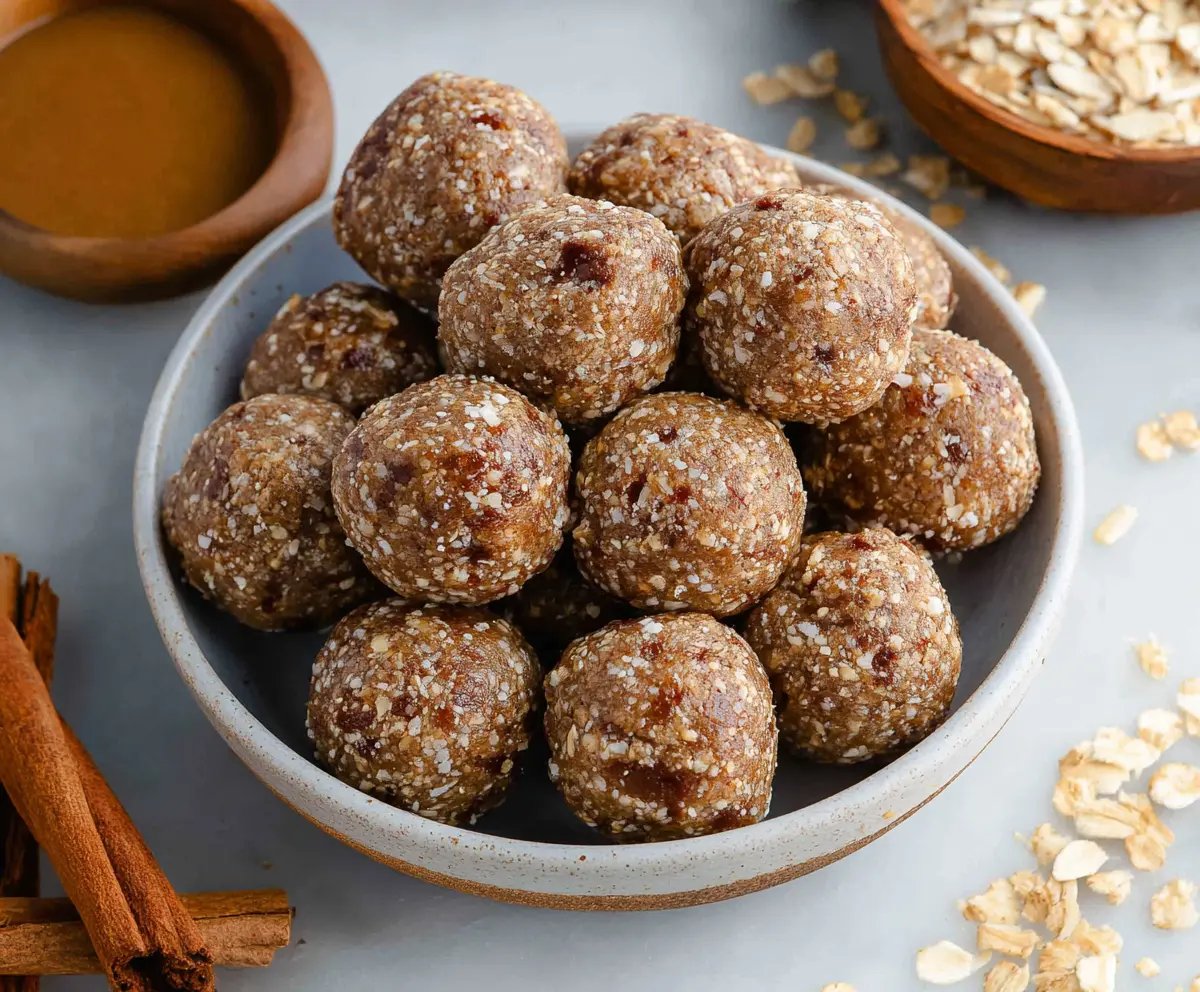 Delicious Cinnamon Roll Energy Bites on a plate, perfect for a quick snack or breakfast.