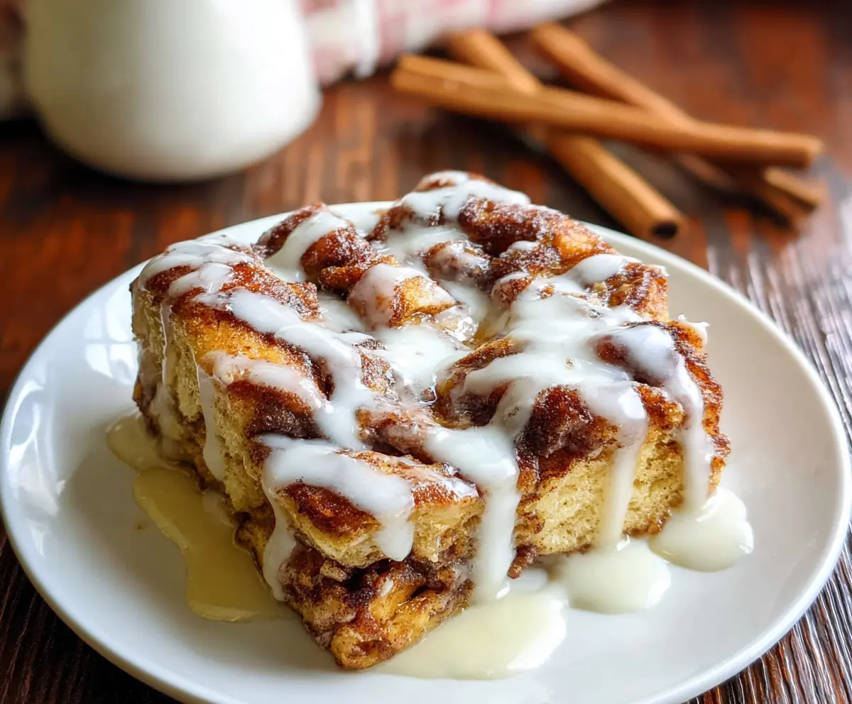 Delicious Cinnamon Roll French Toast Casserole topped with icing and sprinkles for breakfast.