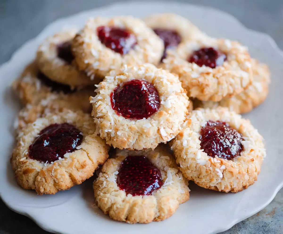 Delicious Coconut Raspberry Thumbprint Cookies with flaky coconut and fresh raspberry filling on a rustic plate