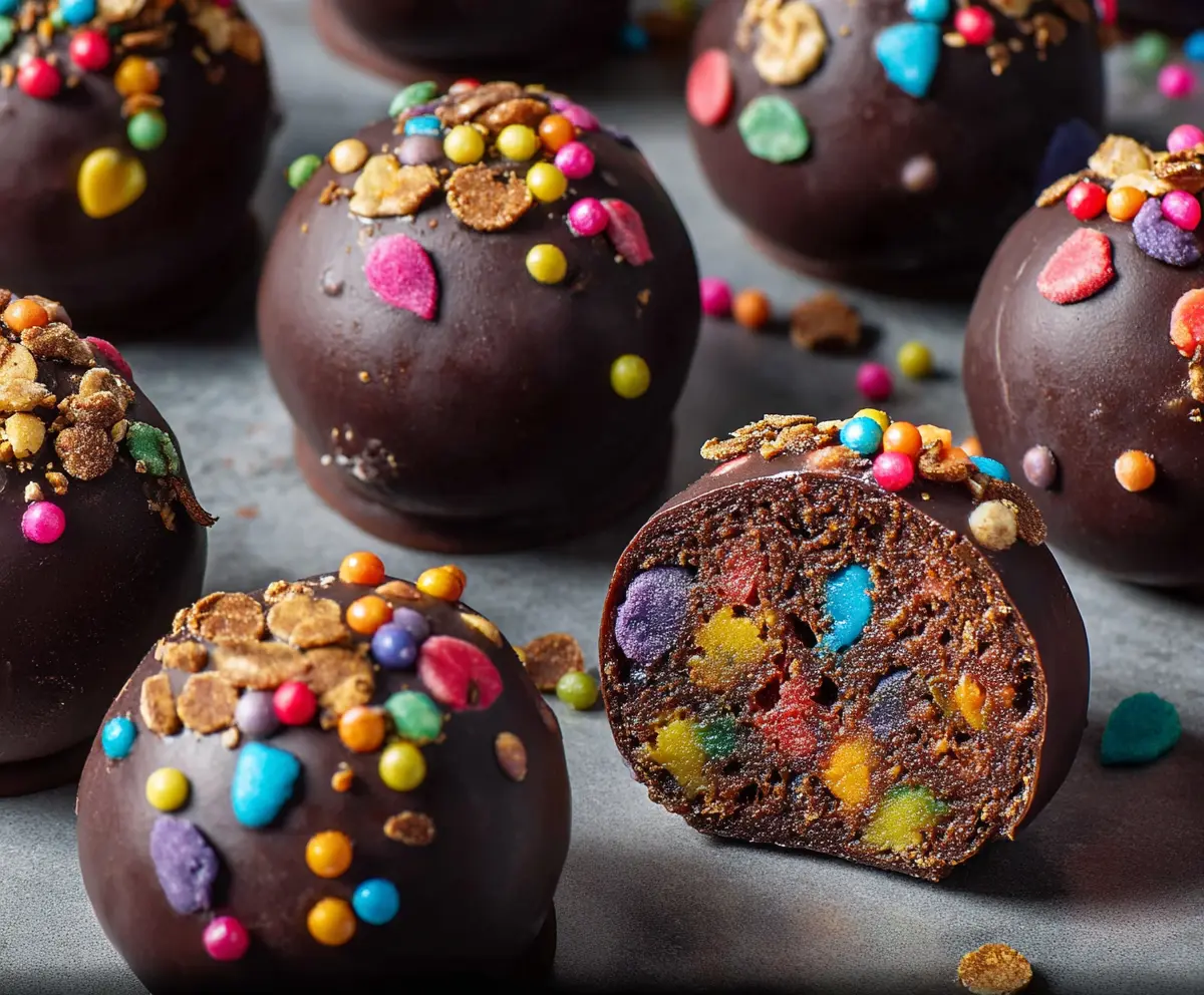 Delicious Cosmic Brownie Protein Bites featuring rich chocolate flavor and vibrant cosmic sprinkles.